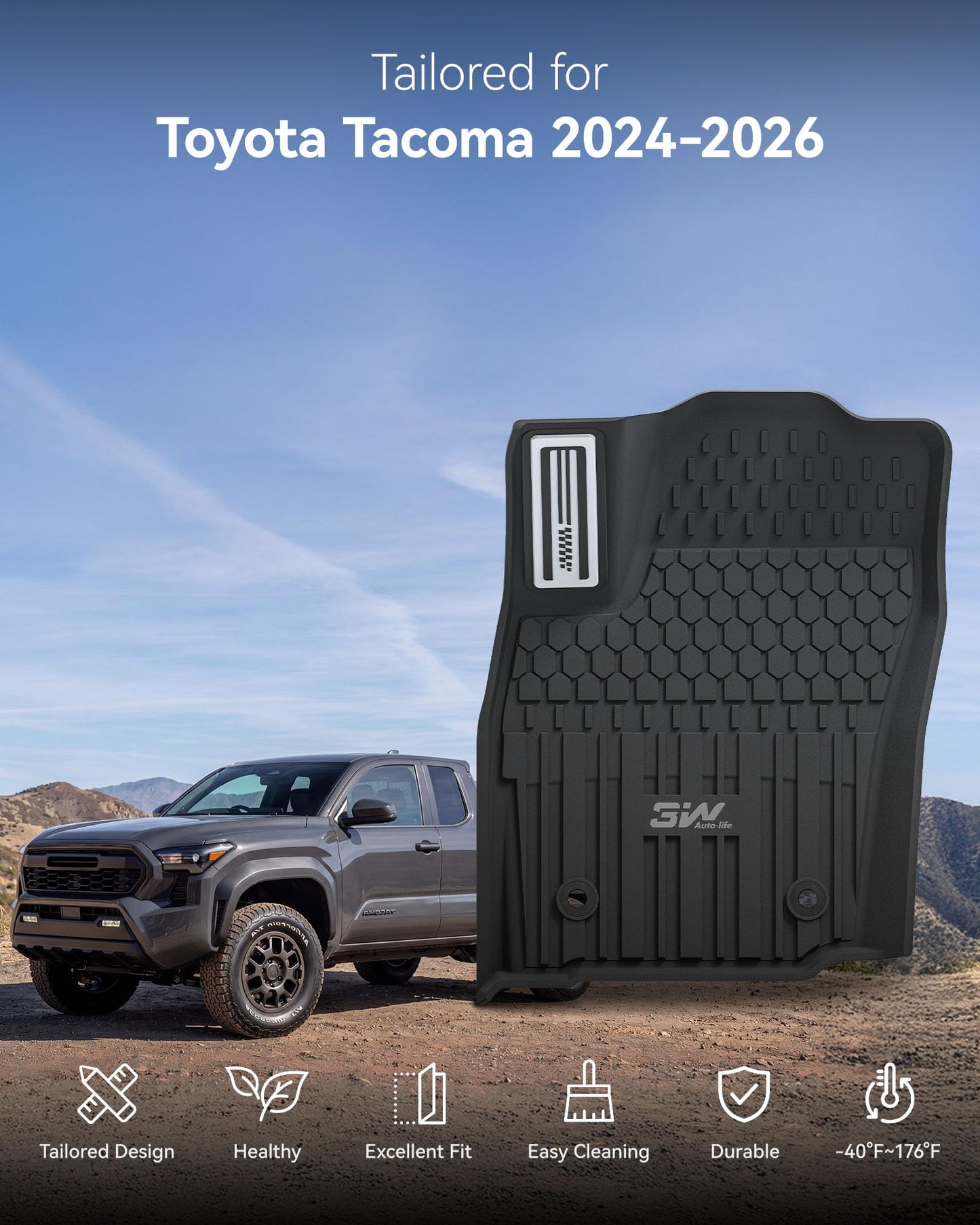 3W Floor Mats for Toyota Tacoma 2024 2025 2026 Double Cab Auto Tran(Not Fit Hybrid & XtraCab), TPE All Weather Custom Fit Floor Liner for Tacoma TRD/SR/SR5/limited Car Liners.