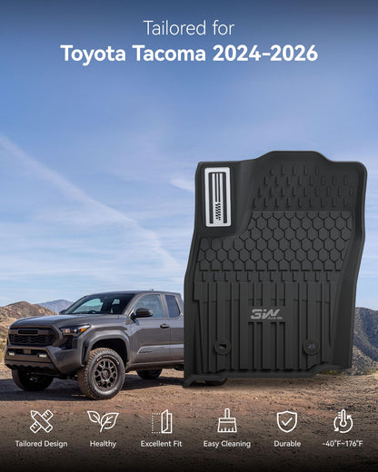 3W Floor Mats for Toyota Tacoma 2024 2025 2026 Double Cab Auto Tran(Not Fit Hybrid & XtraCab), TPE All Weather Custom Fit Floor Liner for Tacoma TRD/SR/SR5/limited Car Liners.
