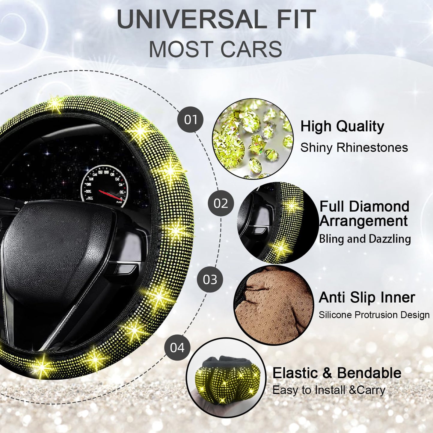 NBTEPEM 27-Piece Bling Car Accessories Set - Universal Fit Steering Wheel Covers, License Plate Frames, Phone Holder, Car Fast Charger, Coasters (Pink)