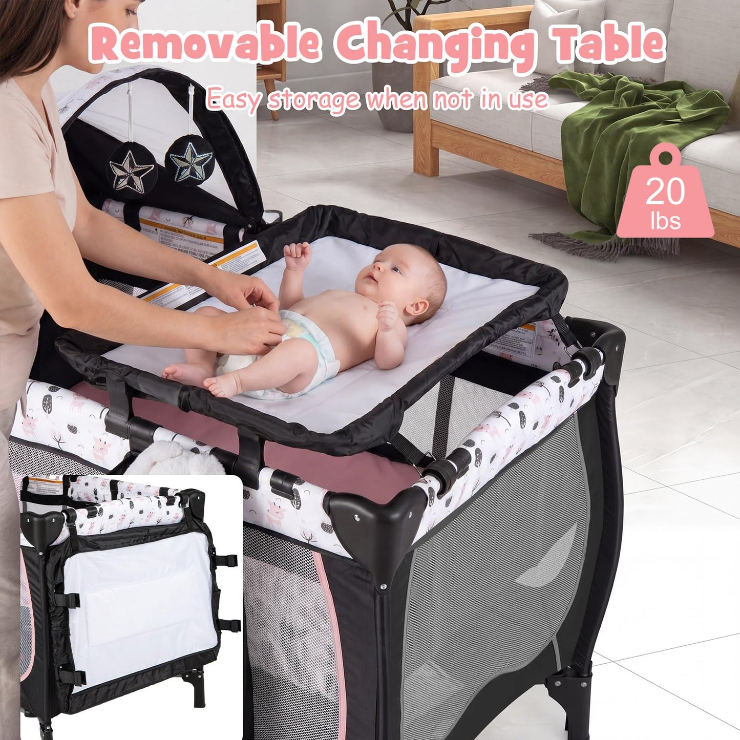 BABY JOY 4 in 1 Pack and Play with Canopy, Portable Baby Playard with Bassinet, Double-Layer Baby Crib, Wheels & Brake, Foldable Baby Girl Pink Bassinet from Newborn to Toddler