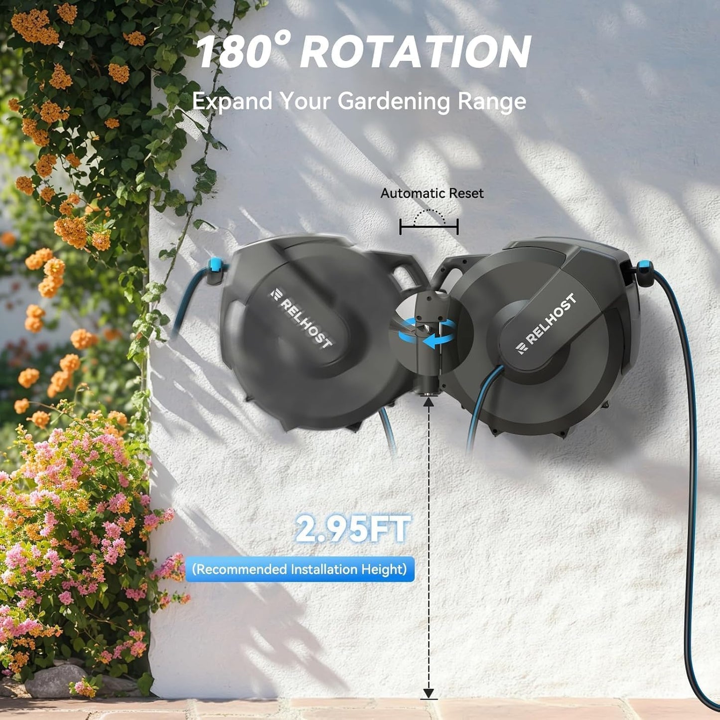 Relhost Retractable Garden Hose Reel, 1/2 in x 120 ft Wall Mount Heavy Duty Hose Reel with Any-Length Lock, Auto Rewind System, 180° Swivel Bracket, and 10-Pattern Nozzle for Garden, Dark Grey