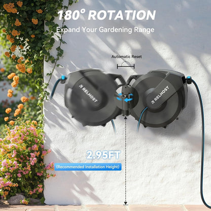 Relhost Retractable Garden Hose Reel, 1/2 in x 120 ft Wall Mount Heavy Duty Hose Reel with Any-Length Lock, Auto Rewind System, 180° Swivel Bracket, and 10-Pattern Nozzle for Garden, Dark Grey