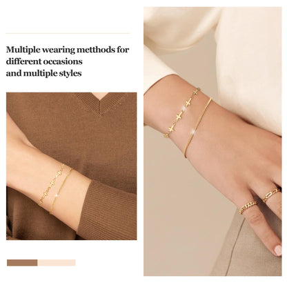 Goldarmbänder für Frauen Stapel Nicht Anlaufen, 14K Vergoldete Stapelbare Armbänder Set für Frauen Trendy, Wasserdicht Einfacher Schmuck Sets Geschenke Inklusive Perlen-/Kuban-/Büroklammer-/Fischgräten-/Seilglieder-Kette, Modeaccessoires