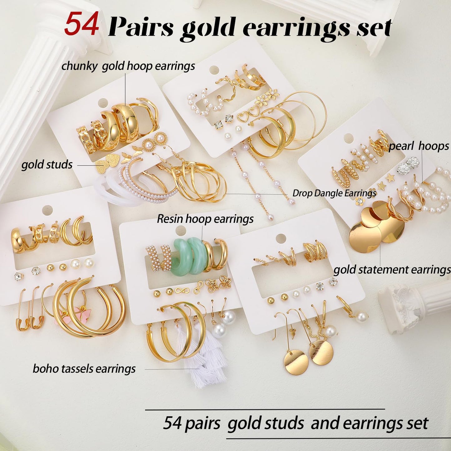 42 Paar goldene Creolen für Damen, Modisches klobiges Perlenohrring-Multipack, gedrehter Statement-Ohrring-Pack, hypoallergene kleine große Creolen für Geburtstagsfeiern (Gold-42 Paare)