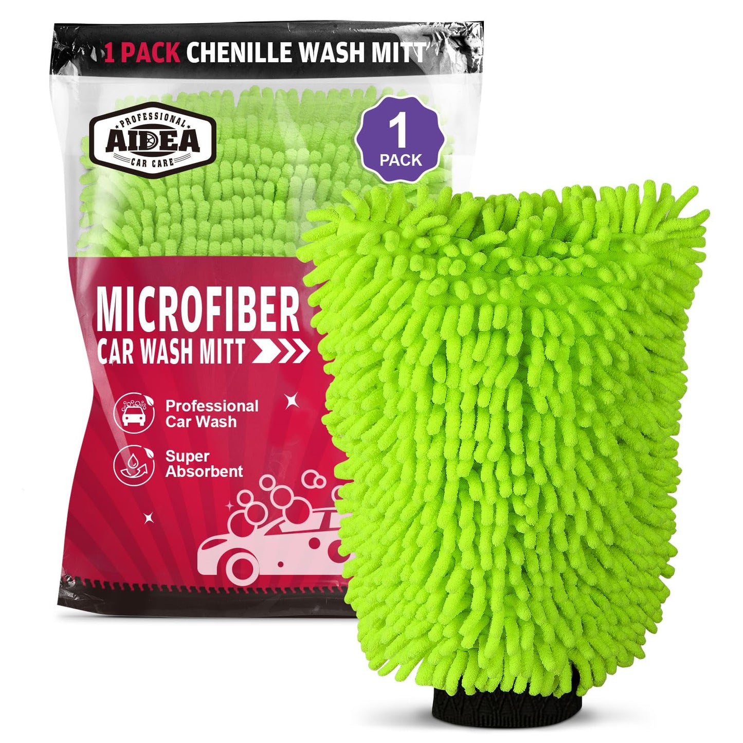 AIDEA Car Wash Mitt Microfiber, 2PK Scratch Free Lint-Free, Premium Chenille Microfiber Mitt Car Wash Brush, Green, Regular Size 7.12''X10.14''