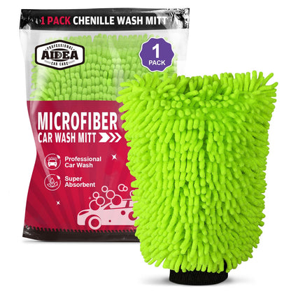AIDEA Car Wash Mitt Microfiber, 2PK Scratch Free Lint-Free, Premium Chenille Microfiber Mitt Car Wash Brush, Green, Regular Size 7.12''X10.14''