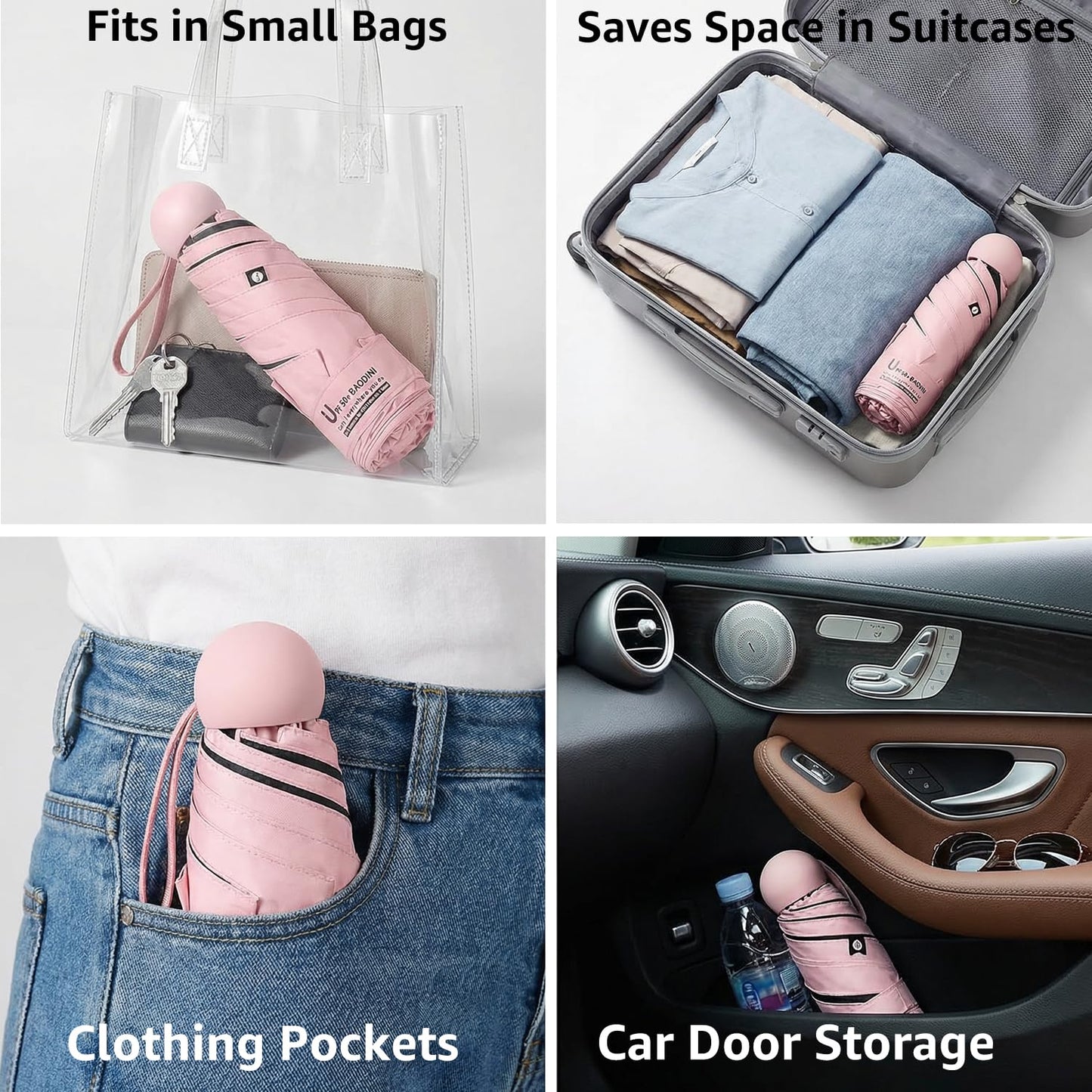 BAODINI Reiseutensilien Mini-Regenschirm für die Handtasche mit Etui Klein Kompakt UV-Sonnenschutz Leicht Winzig Tasche Manuelles Öffnen und Schließen Regenschirm für Damen, Kinder und Herren Passt in Handtasche Rucksack