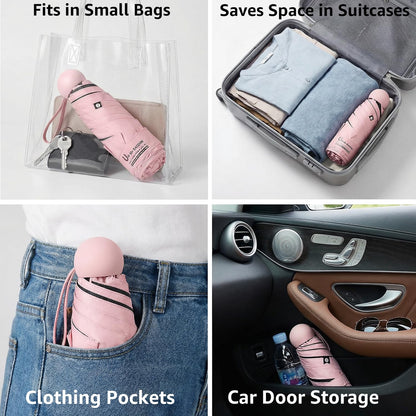 BAODINI Reiseutensilien Mini-Regenschirm für die Handtasche mit Etui Klein Kompakt UV-Sonnenschutz Leicht Winzig Tasche Manuelles Öffnen und Schließen Regenschirm für Damen, Kinder und Herren Passt in Handtasche Rucksack