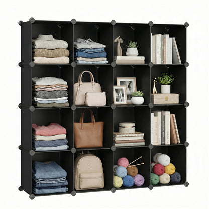 SONGMICS Cube Storage Organizer, Set of 16 Plastic Cubes, Closet Organizers and Storage, Room Organization, Bedroom Living Room, 12.2 x 48.4 x 48.4 Inches, Rustic Brown ULPC442A01