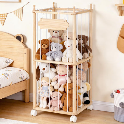 TANONE Stuffed Animal Storage - Wooden Large Organizer Holder for Playroom - Plush Zoo Animals Holder with Elastic Cords & Brake Wheel for Toddler Bedroom Toy Stuff Organization
