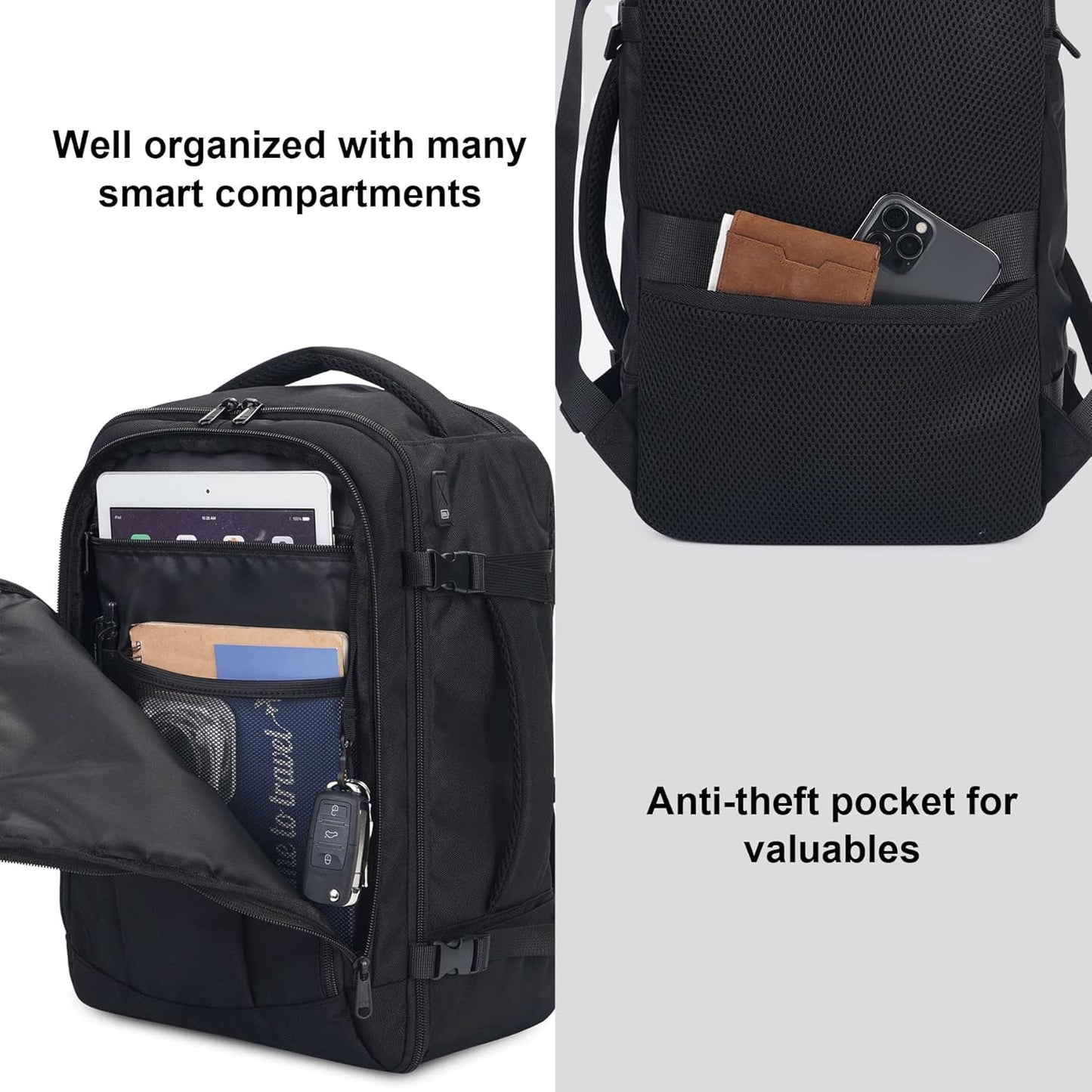 ECOHUB 16'' Reise-Rucksack Handgepäck Unterseat-Rucksack Persönlicher Gegenstand Flugzeug-Reisetasche mit 13 Taschen Handgepäck Flaschenhalter USB-Ladeanschluss Casual Daypack für Frauen Männer Schwarz