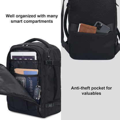 ECOHUB 16'' Reise-Rucksack Handgepäck Unterseat-Rucksack Persönlicher Gegenstand Flugzeug-Reisetasche mit 13 Taschen Handgepäck Flaschenhalter USB-Ladeanschluss Casual Daypack für Frauen Männer Schwarz