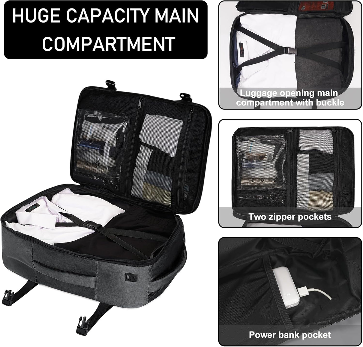 ECOHUB 16'' Reise-Rucksack Handgepäck Unterseat-Rucksack Persönlicher Gegenstand Flugzeug-Reisetasche mit 13 Taschen Handgepäck Flaschenhalter USB-Ladeanschluss Casual Daypack für Frauen Männer Schwarz