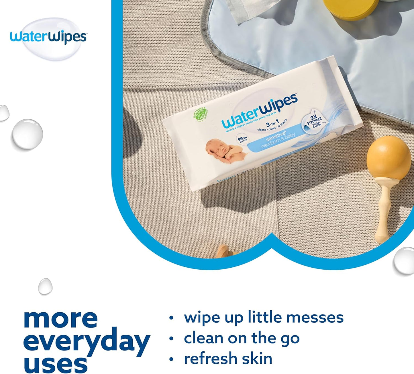 WaterWipes Sensitive+ Baby-Feuchttücher für Neugeborene und Babys, 3-in-1 reinigt, pflegt, schützt, 99,9 % Wasser, unparfümiert & hypoallergen, 720 Stück (12 Packungen)
