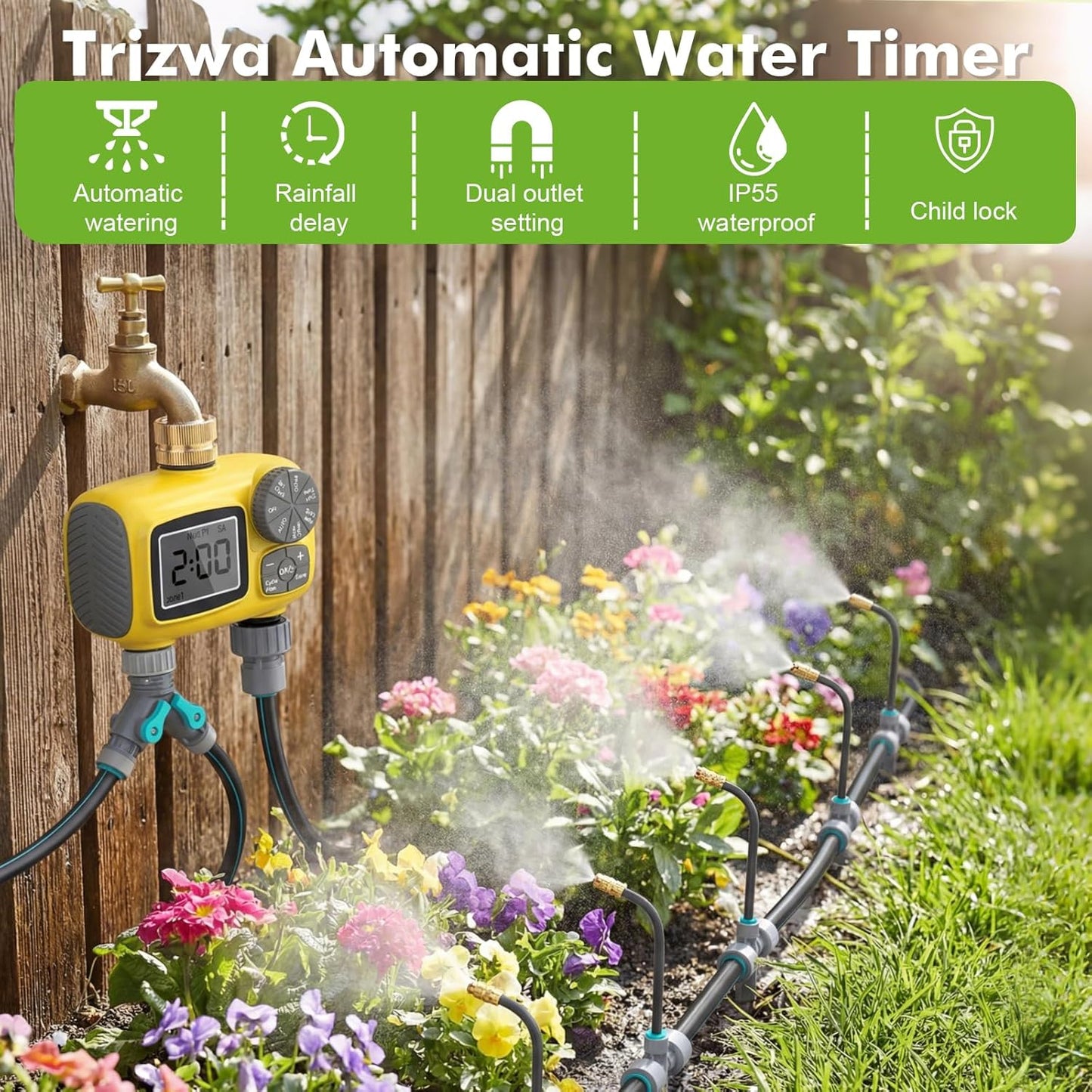172FT Drip Irrigation System Kit with 2 Zone Water Timer,1/2" High-Flow Mainline Automatic Watering System,26PCS 360°Adjustable Nozzles,6-Way Fast-Plug Irrigation Kit for Agricultural Yard,Lawn