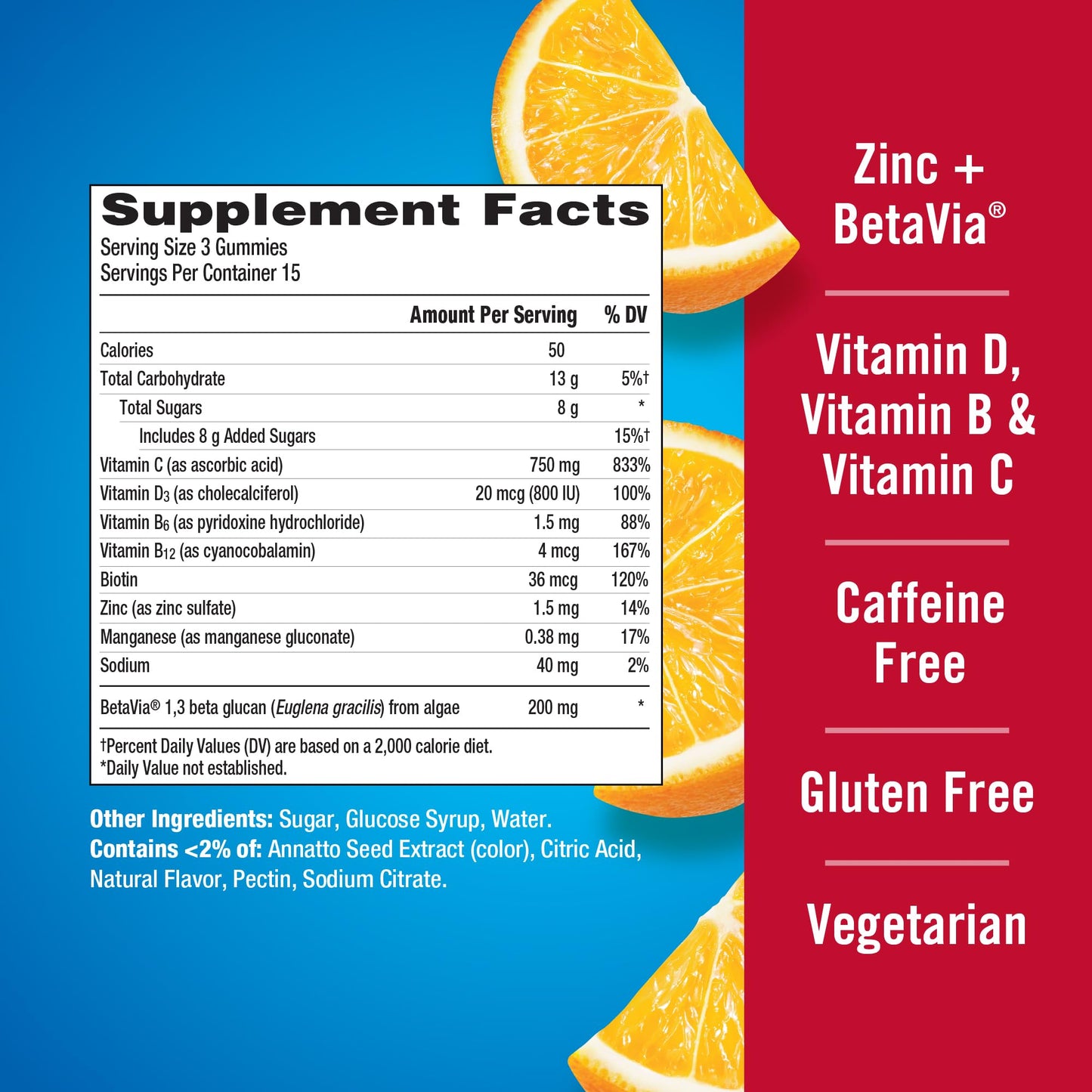 Emergen-C Immune+ Triple Action Immune Support Gummies, BetaVia (R), 1000mg Vitamin C, B Vitamins, Vitamin D and Antioxidants, Super Orange, Back to School Essentials - 45 Count (Pack of 12)