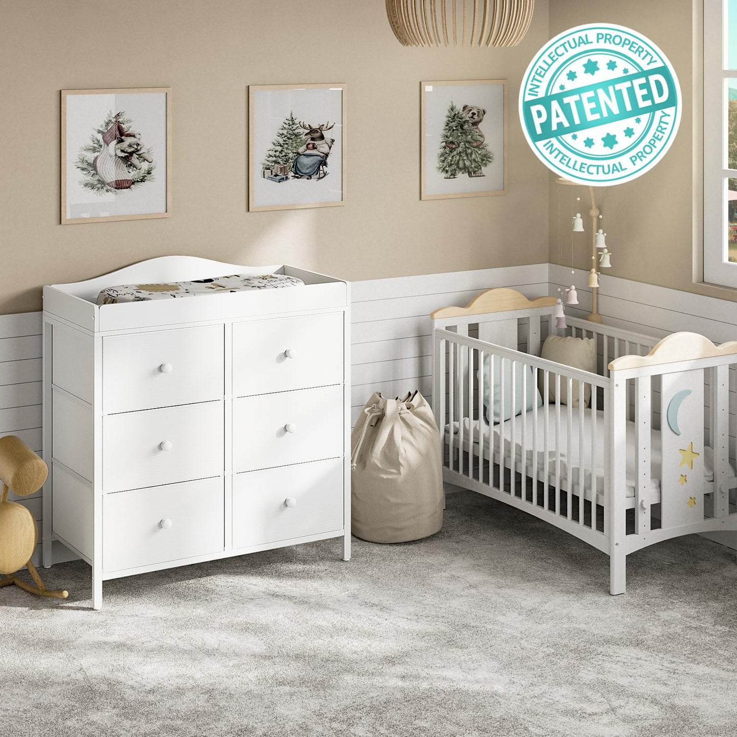 BOLUO White Changing Table Dresser with 6 Drawers Baby Dresser with Changing Table Top Diaper Changing Station with Storage for Nursery Modern