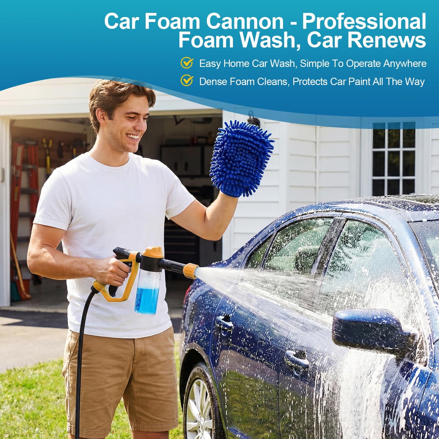 Car Wash Foam Gun for Garden Hose, Foam Cannon Car Wash Kit with Microfiber Wash Mitt, 50% More Water Pressure Nozzle & 3 Spray Modes, Hose Foam Blaster for Cars, Trucks, RV, Motorcycle Cleaning