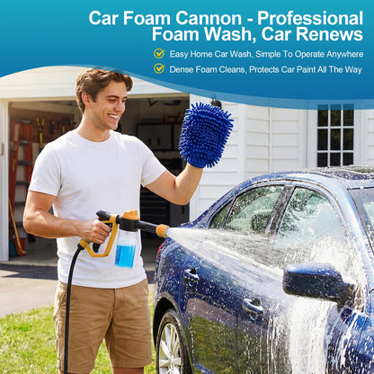 Car Wash Foam Gun for Garden Hose, Foam Cannon Car Wash Kit with Microfiber Wash Mitt, 50% More Water Pressure Nozzle & 3 Spray Modes, Hose Foam Blaster for Cars, Trucks, RV, Motorcycle Cleaning