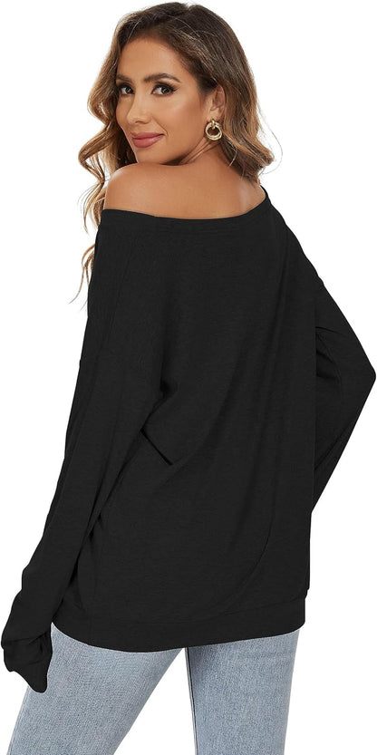 Womens Off The Shoulder Tops Long Sleeve Pullover Sweatshirt Sweater Causal Loose Blouse Tunic Shirt