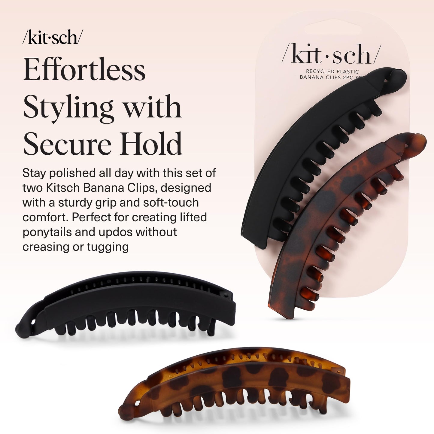 Kitsch Mittelgroße Haarspangen für Damen, starker Halt, Haarclips aus recyceltem Kunststoff für dickes Haar | Ideal für Hochsteckfrisuren, halb offene Frisuren | Ideale Geschenke für Frauen – 2 Stück, Schwarz und Schildpatt