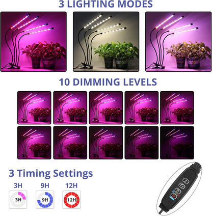 Sondiko LED Pflanzenlampe, Vollspektrum Pflanzenleuchte für Zimmerpflanzen mit automatischem Ein-/Ausschalten 3/9/12H Timer, 10 dimmbare Stufen, verstellbarer Schwanenhals, 3 Schaltmodi