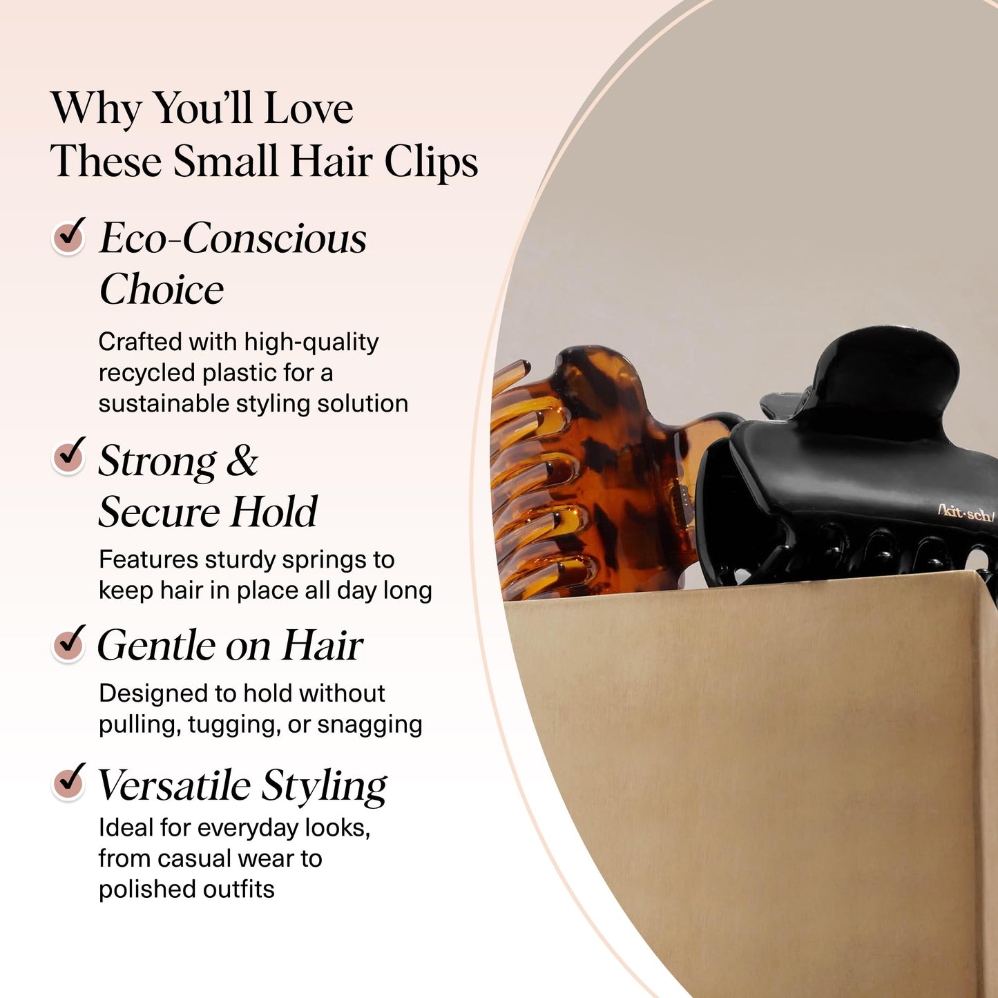 Kitsch Mittelgroße Haarspangen für Damen, starker Halt, Haarclips aus recyceltem Kunststoff für dickes Haar | Ideal für Hochsteckfrisuren, halb offene Frisuren | Ideale Geschenke für Frauen – 2 Stück, Schwarz und Schildpatt