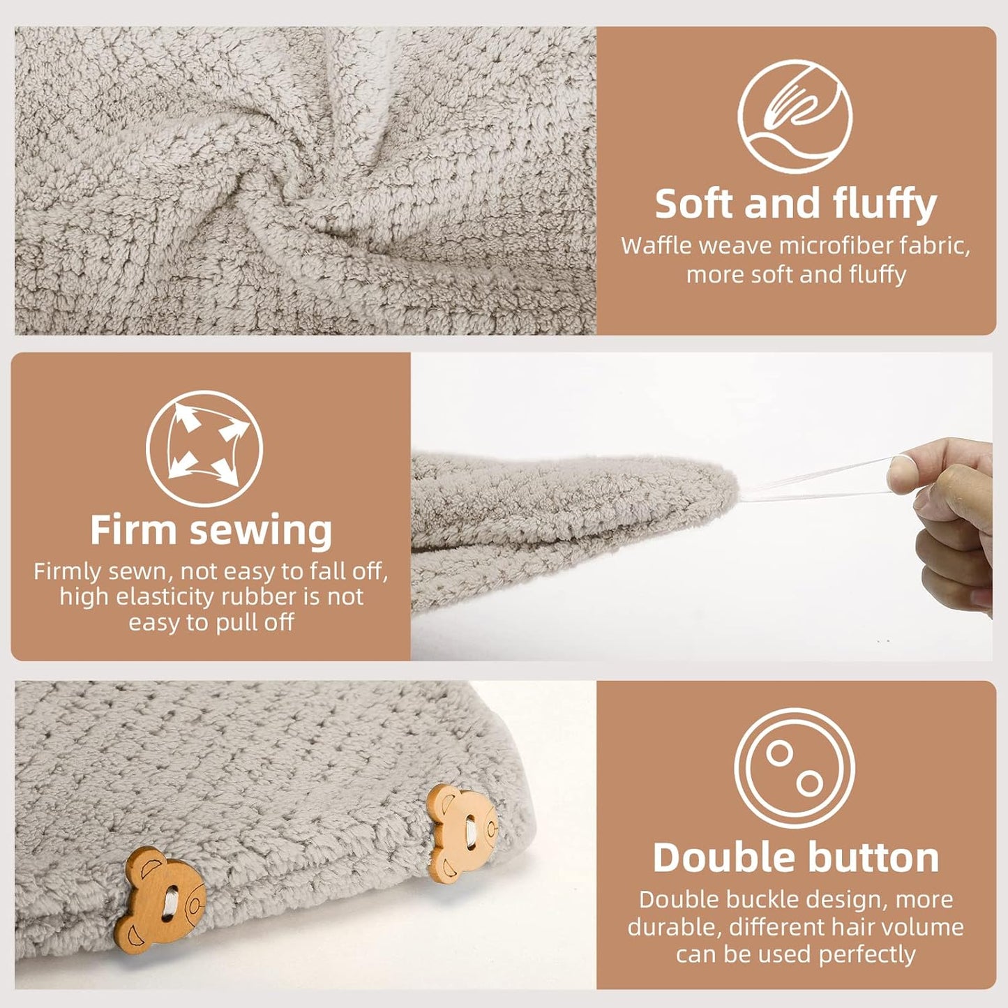 3er-Pack Mikrofaser-Haartuch, Haarturbane für nasse Haare, schnell trocknend, Anti-Frizz-Handtuchwickel für lockiges Haar (Beige, Khaki, Grau)