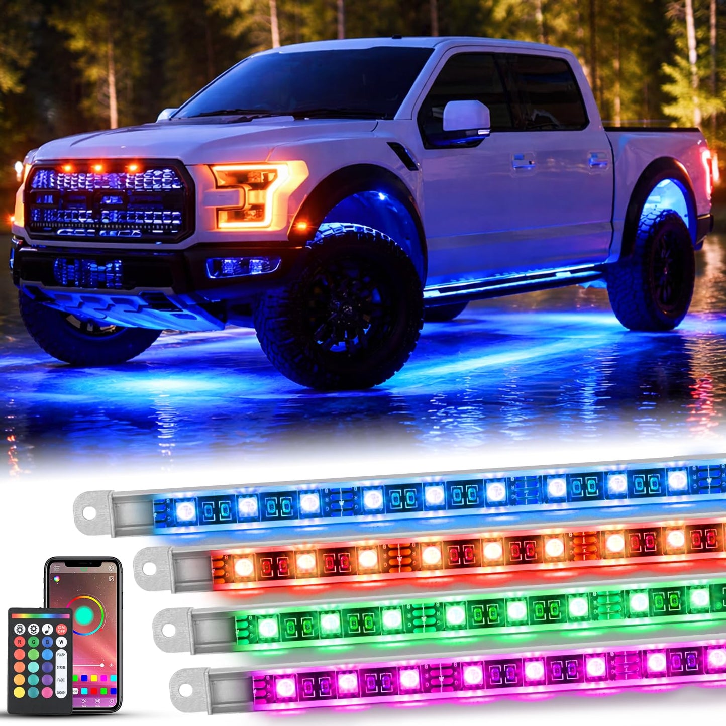 Nilight 4Pcs Car Underglow Neon Accent Strip Lights 252 LEDs RGB 8 Color Sound Active Function Music Mode with Wireless Remote Control Underbody Light Strips for Cars Van SUV Truck