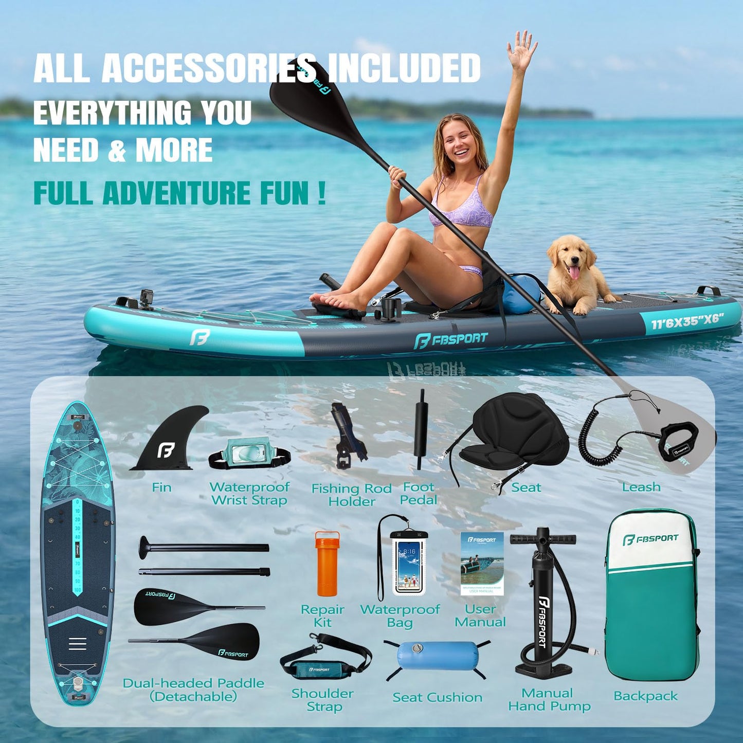 FBSPORT 11' Premium Stand Up Paddle Board, Yoga Board with SUP Accessories & Carry Bag | Wide Stance, Surf Control, Non-Slip Deck, Leash, Paddle and Pump for Youth & Adult