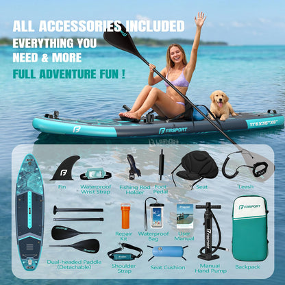 FBSPORT 11' Premium Stand Up Paddle Board, Yoga Board with SUP Accessories & Carry Bag | Wide Stance, Surf Control, Non-Slip Deck, Leash, Paddle and Pump for Youth & Adult