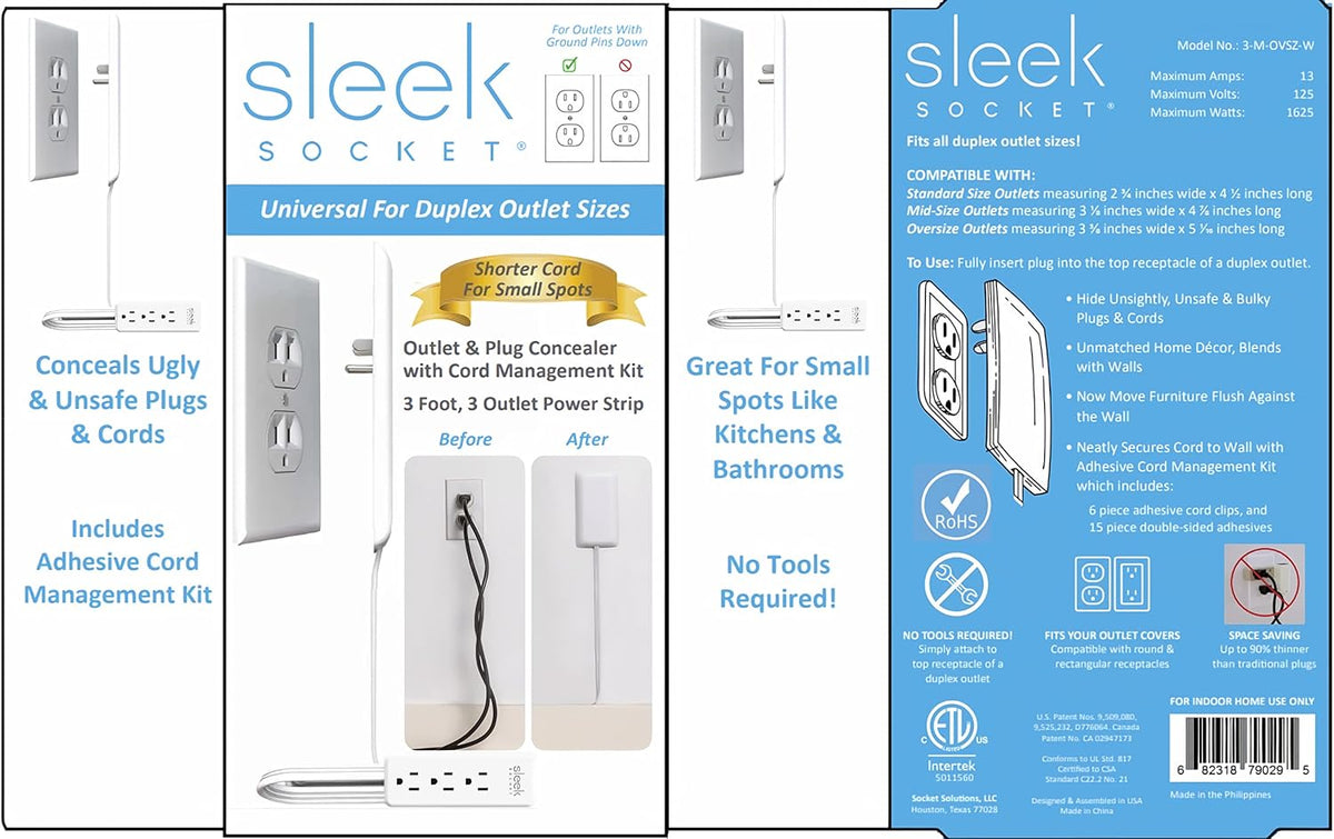 Sleek Socket Original & Patented Ultra-Thin Outlet Concealer with Cord Concealer Kit, 3-Foot Flat Extension Cord with 3 Outlets Power Strip, Safety Certified, Ideal for Kitchens and Behind Furniture