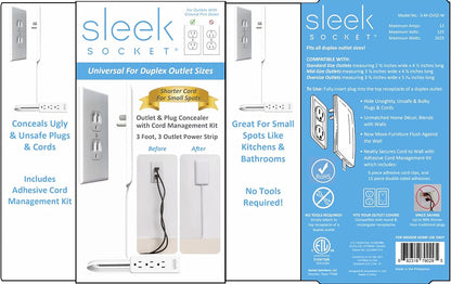 Sleek Socket Original & Patented Ultra-Thin Outlet Concealer with Cord Concealer Kit, 3-Foot Flat Extension Cord with 3 Outlets Power Strip, Safety Certified, Ideal for Kitchens and Behind Furniture