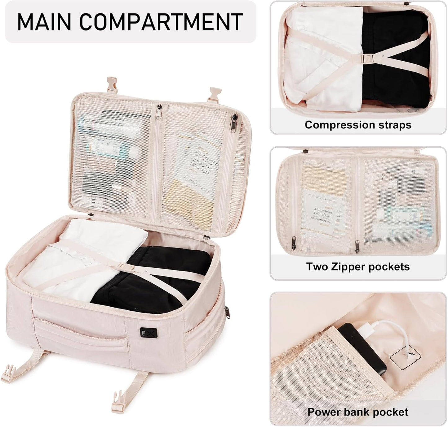ECOHUB 16'' Reise-Rucksack Handgepäck Unterseat-Rucksack Persönlicher Gegenstand Flugzeug-Reisetasche mit 13 Taschen Handgepäck Flaschenhalter USB-Ladeanschluss Casual Daypack für Frauen Männer Schwarz
