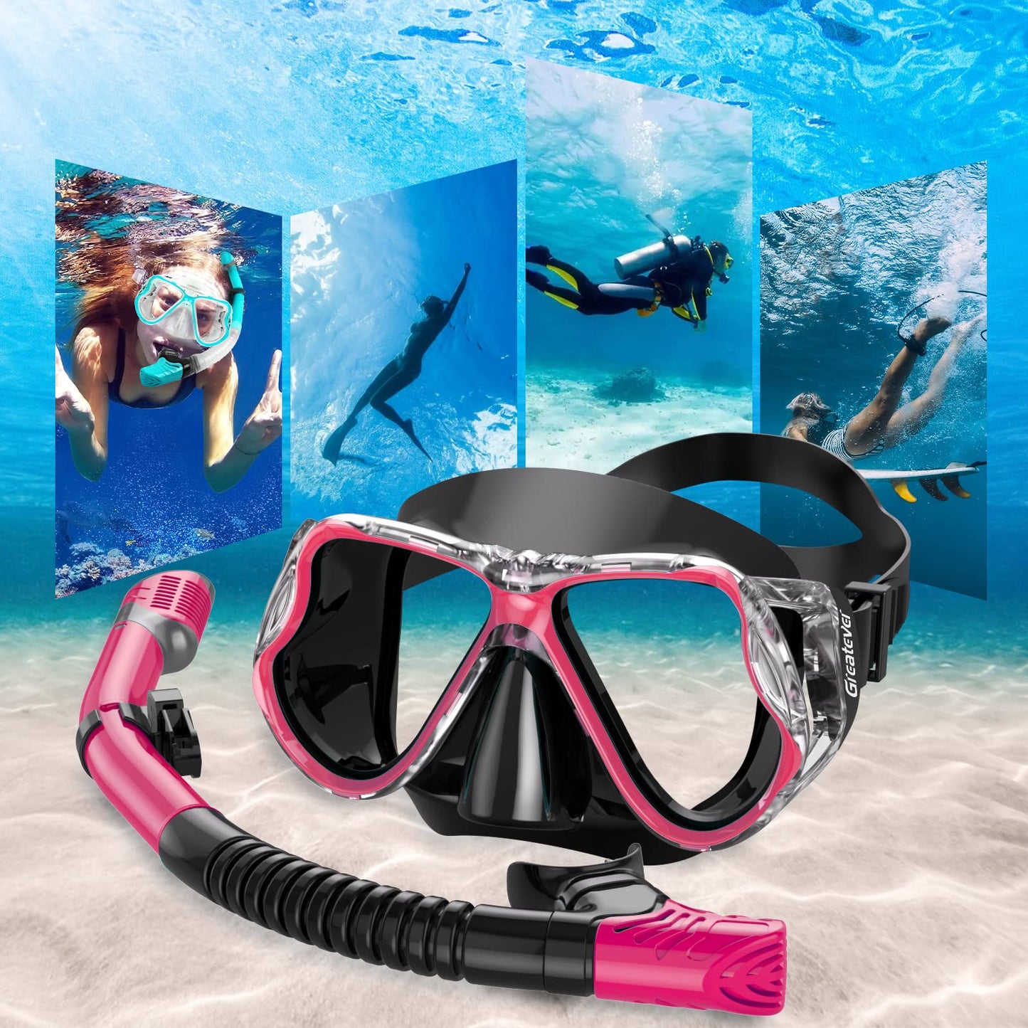 Greatever Dry Snorkel Set,Panoramic Wide View Anti-Fog Scuba Diving Mask,Professional Snorkeling Gear for Adults Kids