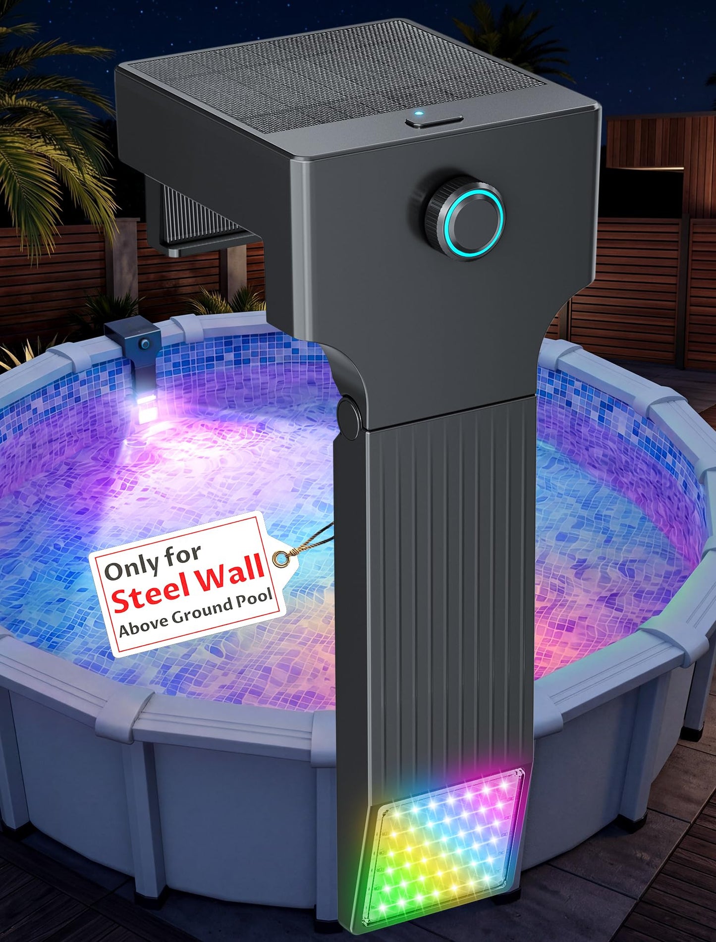 Solar Pool Lights Only for Metal Frame Above Ground Pools, 10-Color RGB 4-Mode LED Underwater Submersible Poolside Light with Auto Dusk Sensor, Waterproof Design, Remote & Timer Off, 1 Pack