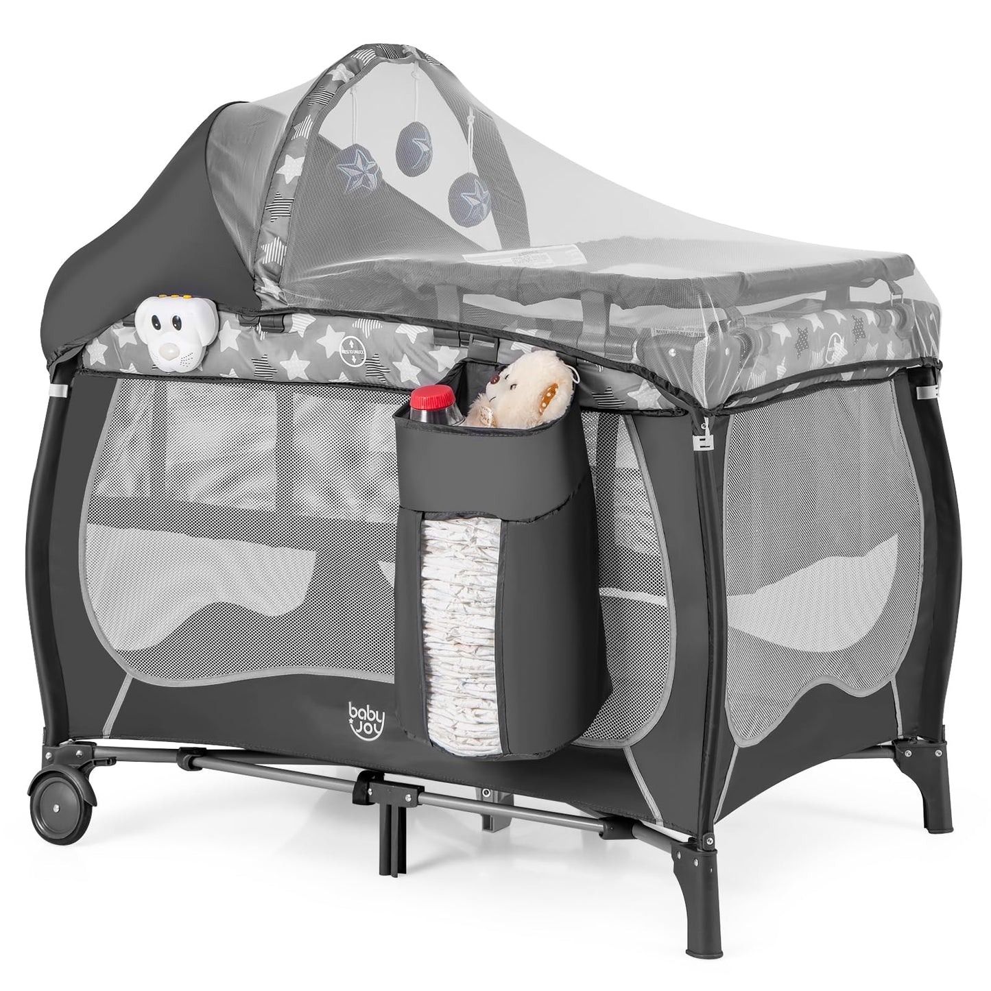BABY JOY 4 in 1 Pack and Play with Canopy, Portable Baby Playard with Bassinet, Double-Layer Baby Crib, Wheels & Brake, Foldable Baby Girl Pink Bassinet from Newborn to Toddler