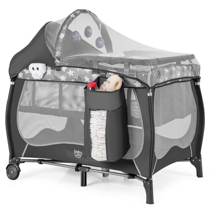 BABY JOY 4 in 1 Pack and Play with Canopy, Portable Baby Playard with Bassinet, Double-Layer Baby Crib, Wheels & Brake, Foldable Baby Girl Pink Bassinet from Newborn to Toddler