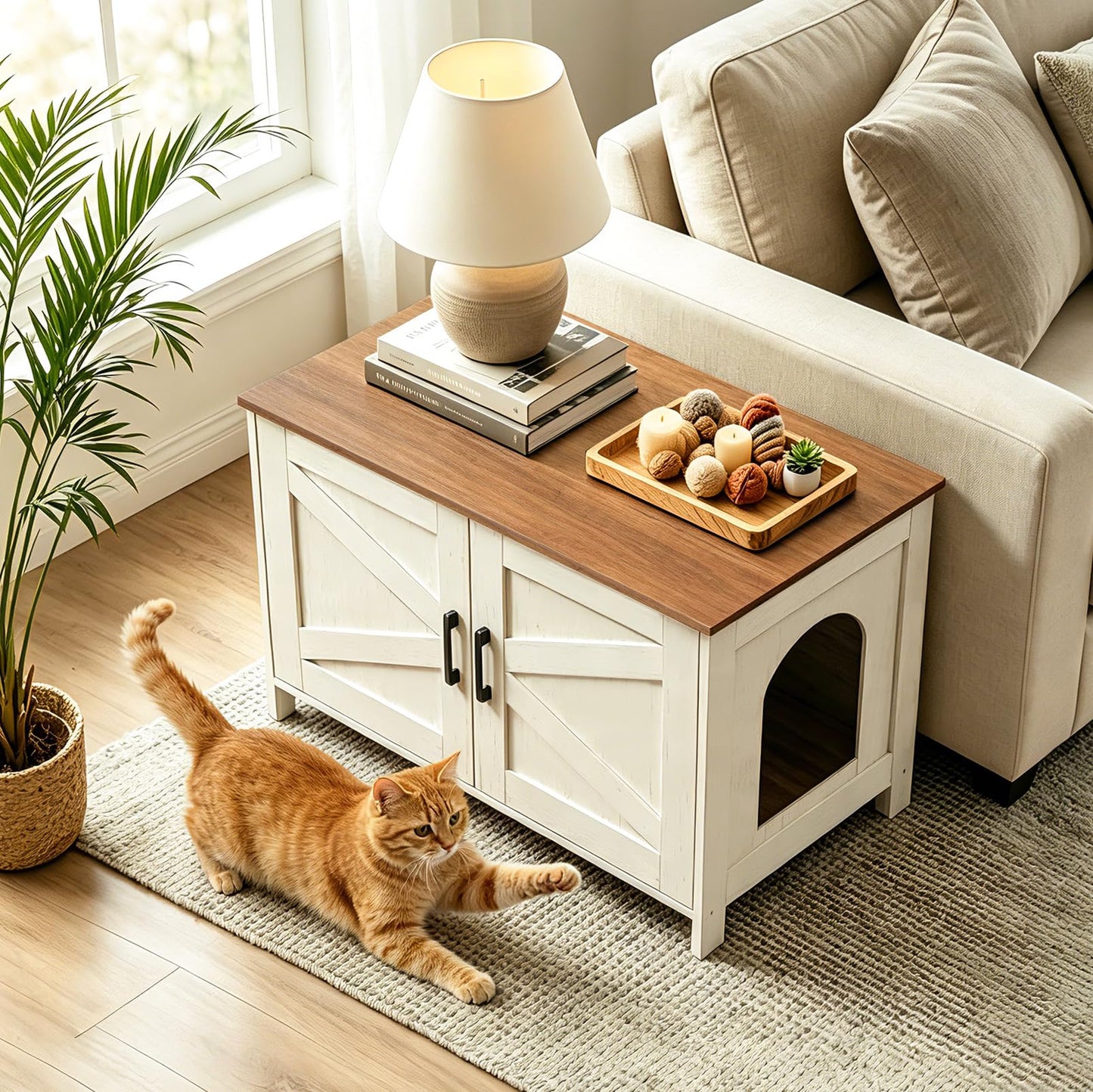Homhedy Cat Litter Box Enclosure, Wooden Cat Washroom Furniture with Barn Door, Pet House, Fit Most of Litter Box, White