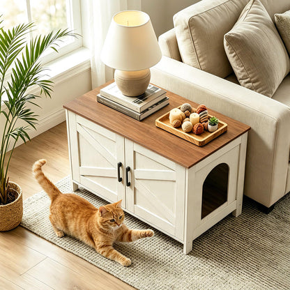 Homhedy Cat Litter Box Enclosure, Wooden Cat Washroom Furniture with Barn Door, Pet House, Fit Most of Litter Box, White