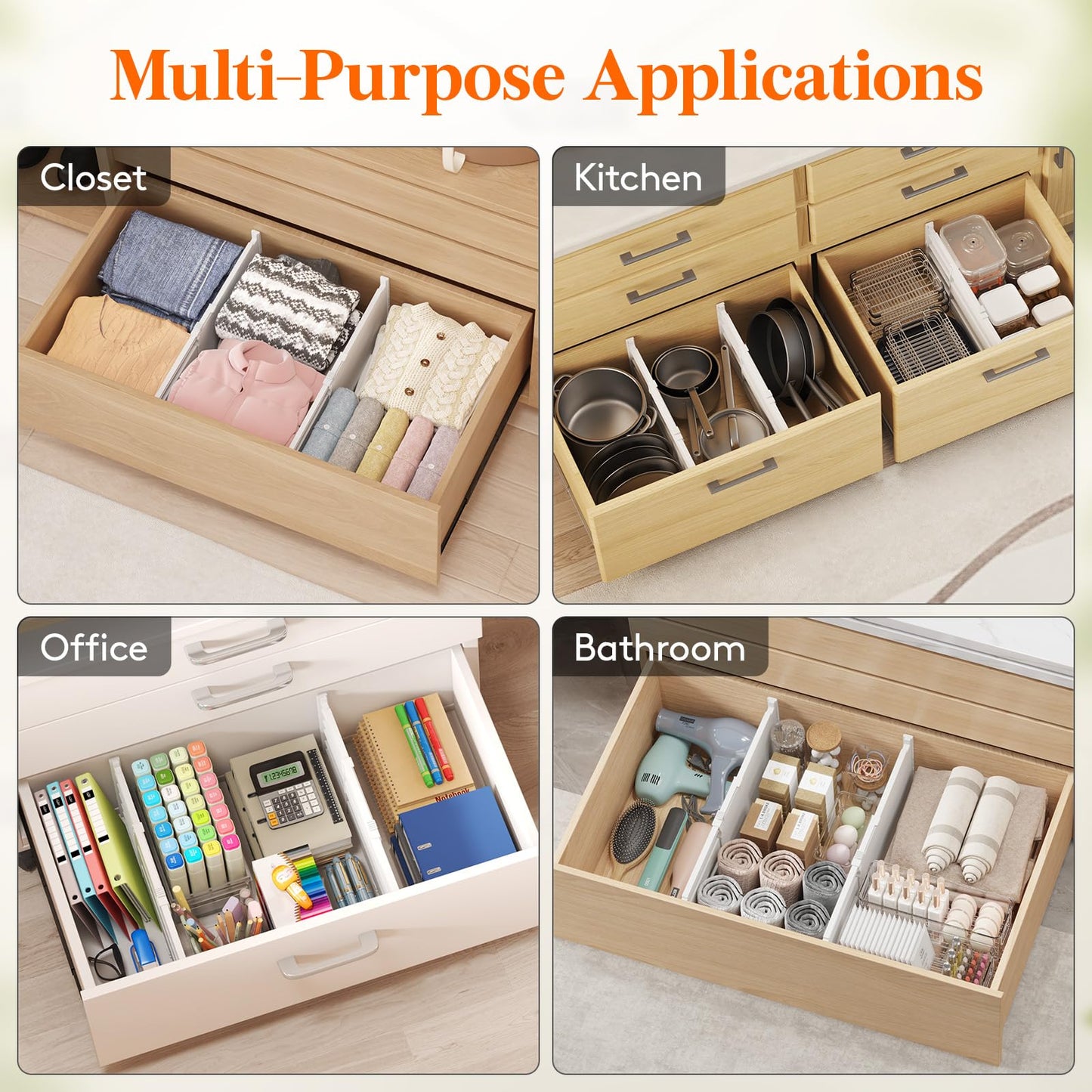 Lifewit 8" Tall 4 Pack Drawer Dividers, 13.8"-22.2" Adjustable Deep Drawer Organizer Clothes, Expandable White Plastic Separators for Dresser, Kitchen, Cabinet, Closet, Office Organization & Storage