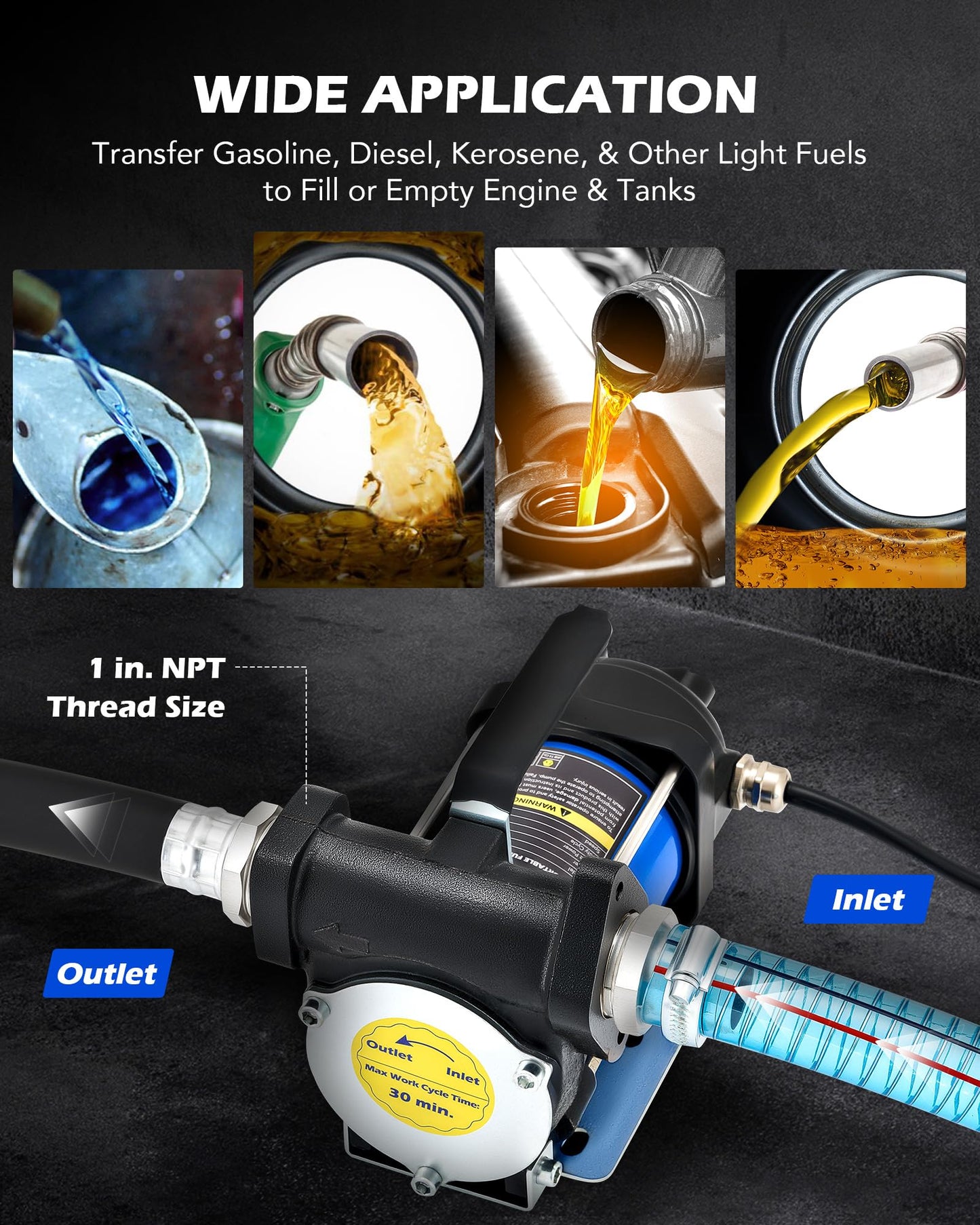 Orion Motor Tech Electric Fuel Transfer Pump with Auto-Shutoff, 3.2GPM Gas Can Pump, 51" Hose, USB-C & AA Battery (NO BATTERIES INCLUDED) Powered, 4 Adapters for Gasoline, Diesel, Kerosene, Blue