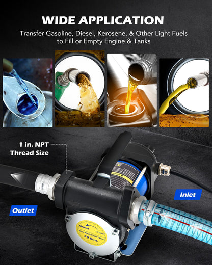 Orion Motor Tech Electric Fuel Transfer Pump with Auto-Shutoff, 3.2GPM Gas Can Pump, 51" Hose, USB-C & AA Battery (NO BATTERIES INCLUDED) Powered, 4 Adapters for Gasoline, Diesel, Kerosene, Blue