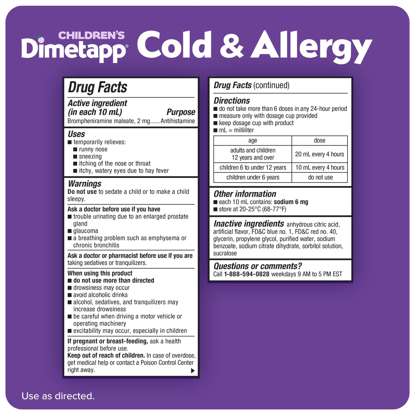 Children’s Dimetapp Cold & Allergy Liquid, Antihistamine Multi-Symptom Relief for Runny Nose, Sneezing, Itchy Throat & Watery Eyes, Grape Flavor, Phenylephrine-Free Cold Medicine, 8 fl oz (Pack of 12)
