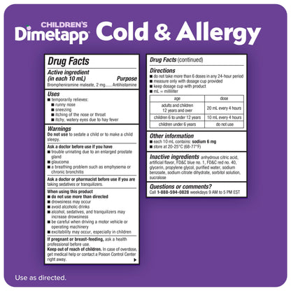 Children’s Dimetapp Cold & Allergy Liquid, Antihistamine Multi-Symptom Relief for Runny Nose, Sneezing, Itchy Throat & Watery Eyes, Grape Flavor, Phenylephrine-Free Cold Medicine, 8 fl oz (Pack of 12)