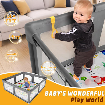Palopalo Baby Laufgitter, 180x150cm Extra Großer Laufstall für Babys und Kleinkinder, Baby-Aktivitätszentrum mit 8 Saugnapfbasen, Baby-Laufstall mit Tür und weichem, atmungsaktivem Netz, Ohne Matte