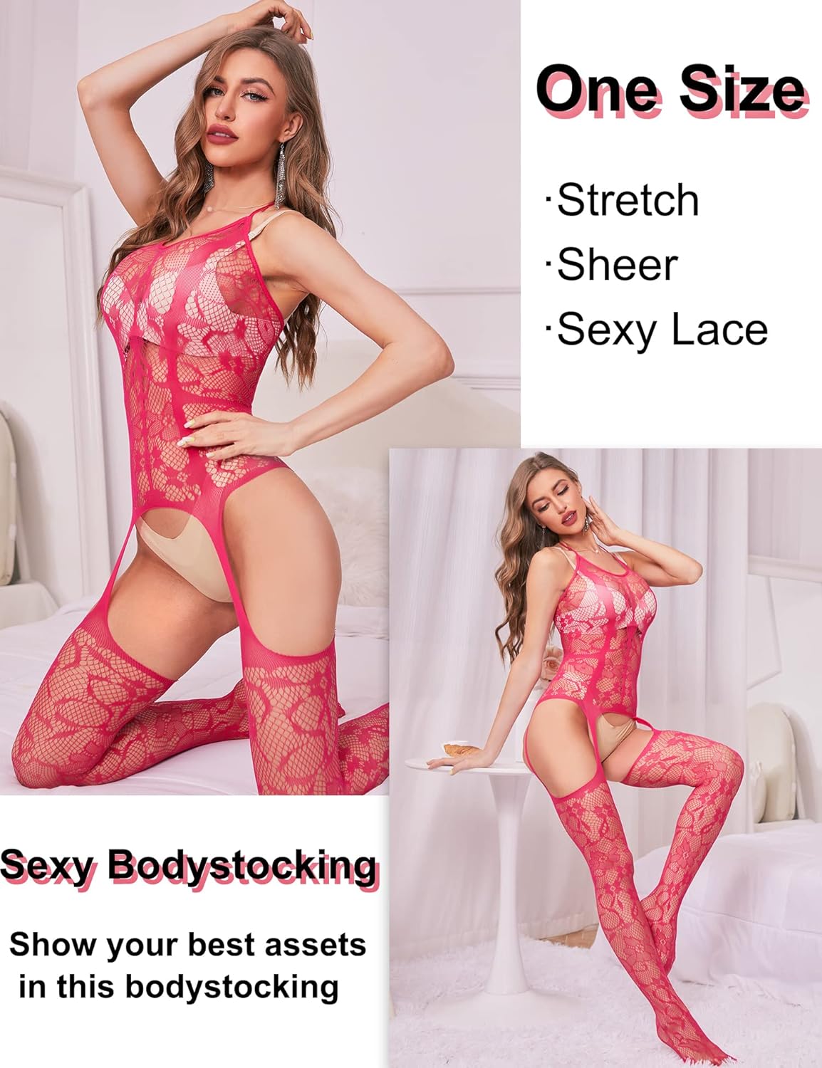 RSLOVE Damen Netz Bodystocking mit befestigten Strümpfen, sexy Dessous, offenem Schritt Body, Einteiler Babydoll, Einheitsgröße