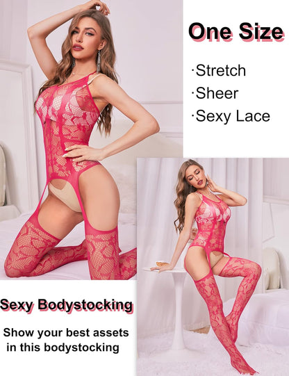 RSLOVE Damen Netz Bodystocking mit befestigten Strümpfen, sexy Dessous, offenem Schritt Body, Einteiler Babydoll, Einheitsgröße