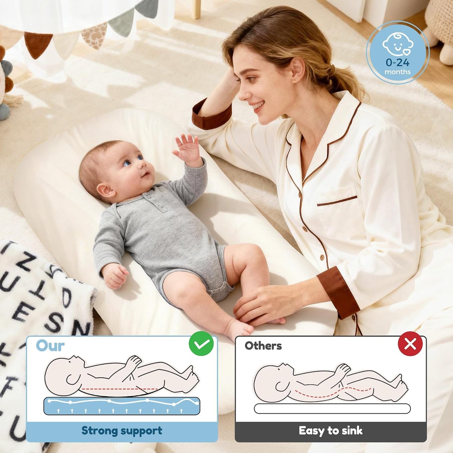 Baby Lounger & Nest for Newborn 0-24 Months, Baby Nest Supervised Breathable Cotton for Newborn, Newborn Essentials Gifts, Breathable Portable Infant Lounnger for Travel and Home(Cream White)