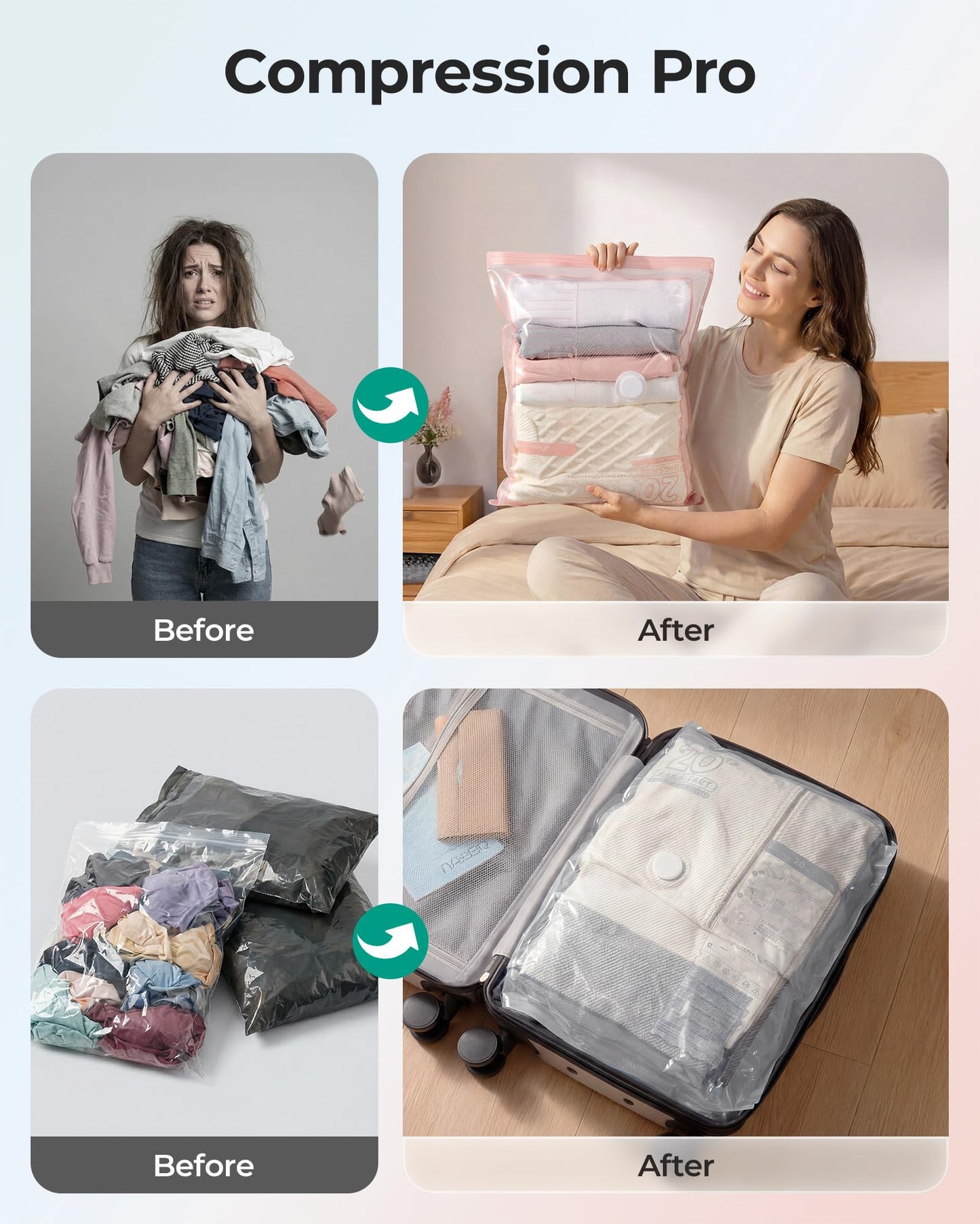 BAGSMART Vacuum Seal Storage Bags for Clothing Travel, 18 Pack Travel Essentials Bundle includes Laundry Bag & Waterproof Shoe Bag & TSA Approved Toiletry Bag, Hand Pump Included